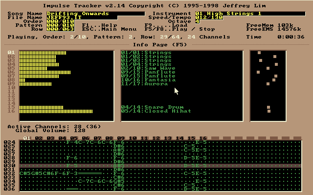 Impulse Tracker screenshot showing a module in the pattern editor